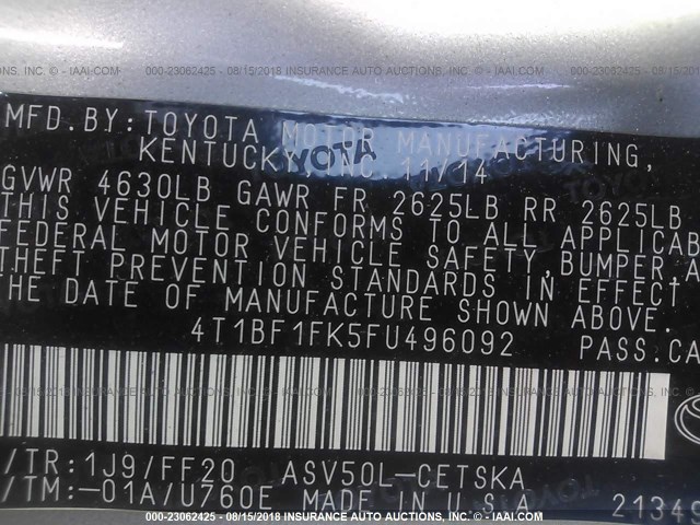 4T1BF1FK5FU496092 - 2015 TOYOTA CAMRY LE/XLE/SE/XSE 银色 照片 9