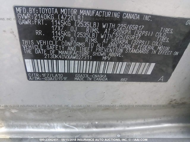 2T3DK4DVXAW027311 - 2010 TOYOTA RAV4 LIMITED SILVER photo 9