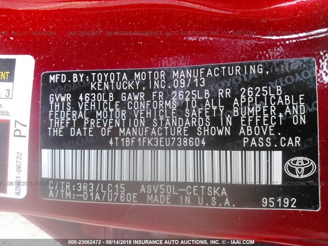 4T1BF1FK3EU738604 - 2014 TOYOTA CAMRY L/SE/LE/XLE 红色 照片 9