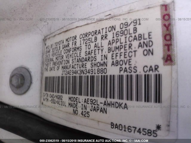 JT2AE94K3N3491880 - 1992 TOYOTA COROLLA DLX WHITE photo 9