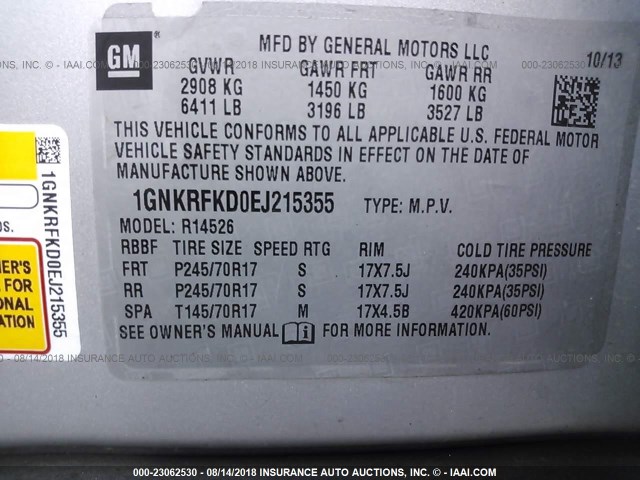 1GNKRFKD0EJ215355 - 2014 CHEVROLET TRAVERSE LS SILVER photo 9