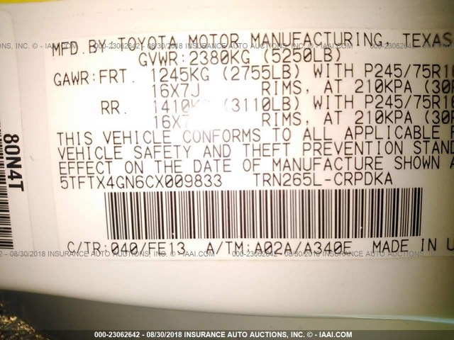 5TFTX4GN6CX009833 - 2012 TOYOTA TACOMA PRERUNNER ACCESS CAB WHITE photo 9