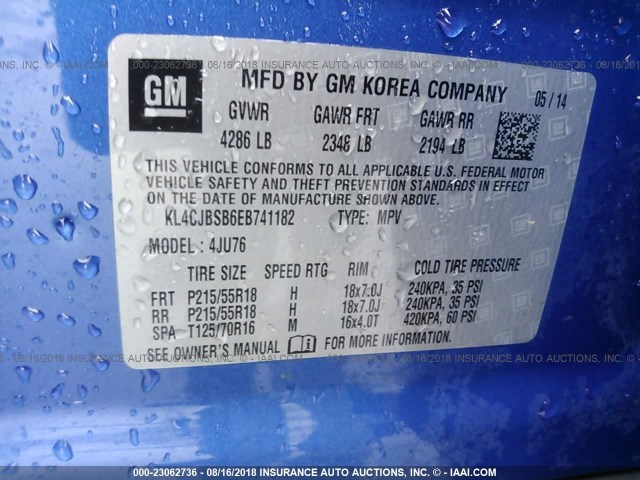 KL4CJBSB6EB741182 - 2014 BUICK ENCORE CONVENIENCE Կապույտ լուսանկար 9