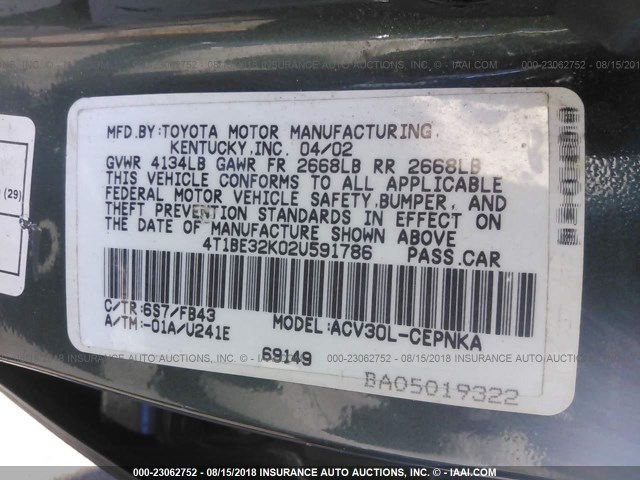 4T1BE32K02U591786 - 2002 TOYOTA CAMRY LE/XLE/SE 绿色 照片 9