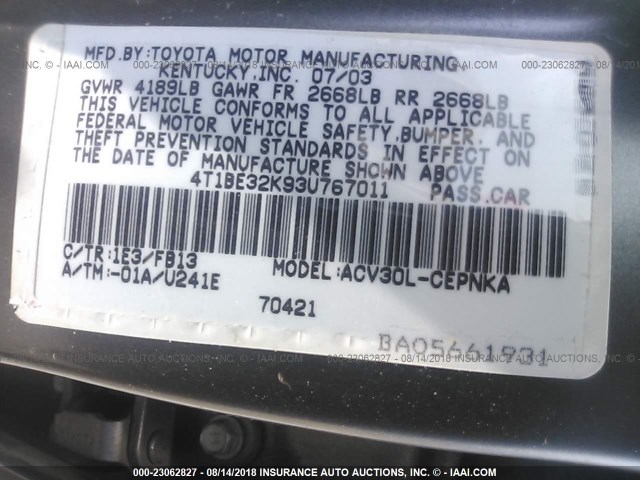 4T1BE32K93U767011 - 2003 TOYOTA CAMRY LE/XLE/SE 灰色 照片 9