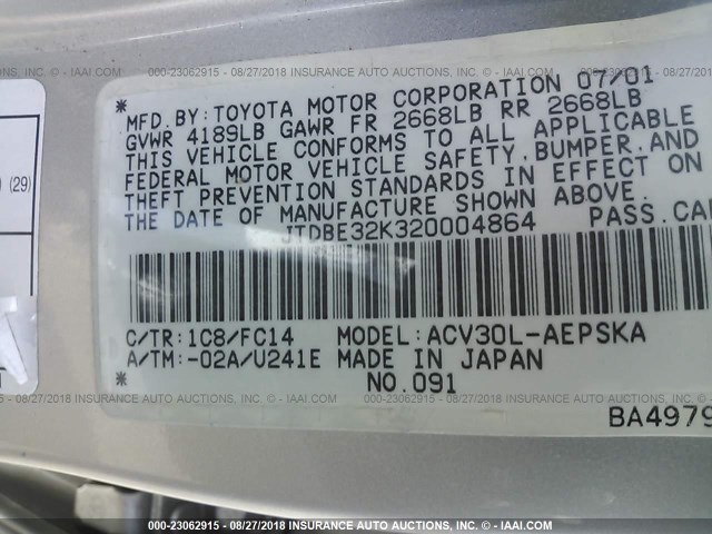 JTDBE32K320004864 - 2002 TOYOTA CAMRY LE/XLE/SE Gümüş foto 9