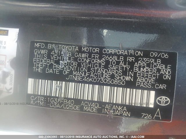 JTNBE46K073050850 - 2007 TOYOTA CAMRY NEW GENERAT CE/LE/XLE/SE GRAY photo 9