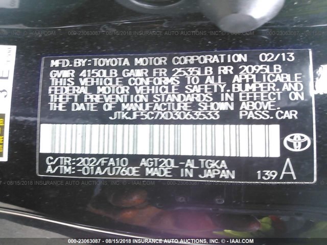 JTKJF5C7XD3063533 - 2013 TOYOTA SCION TC შავი ფოტო 9