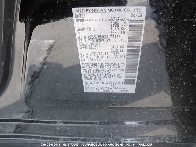 5N1DR2MM7JC670740 - 2018 NISSAN PATHFINDER S/SV/SL/PLATINUM BLACK photo 9