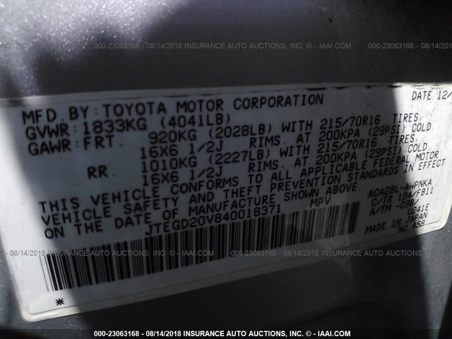 JTEGD20V840018371 - 2004 TOYOTA RAV4 SILVER photo 9