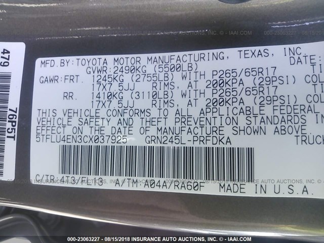 5TFLU4EN3CX037925 - 2012 TOYOTA TACOMA DOUBLE CAB ნაცრისფერი ფოტო 9