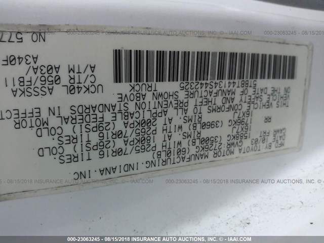 5TBBT44134S442325 - 2004 TOYOTA TUNDRA ACCESS CAB SR5 WHITE photo 9