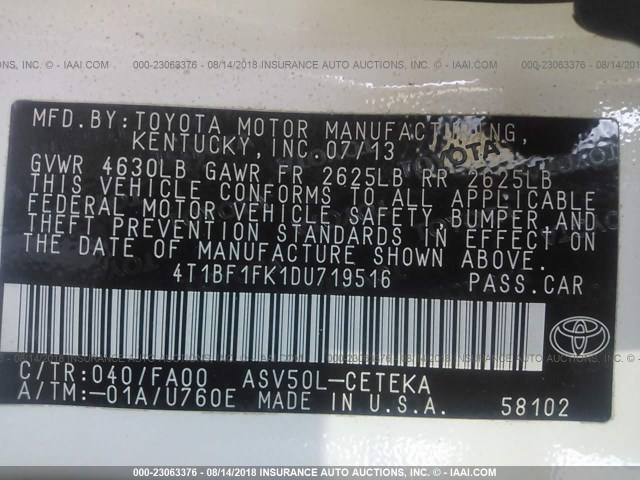 4T1BF1FK1DU719516 - 2013 TOYOTA CAMRY L/SE/LE/XLE 白色 照片 9