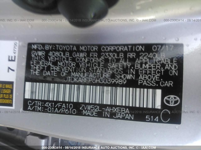 JTDKARFP6H3039989 - 2017 TOYOTA PRIUS PRIME  银色 照片 9