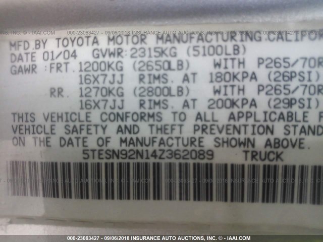 5TESN92N14Z362089 - 2004 TOYOTA TACOMA XTRACAB PRERUNNER SILVER photo 9