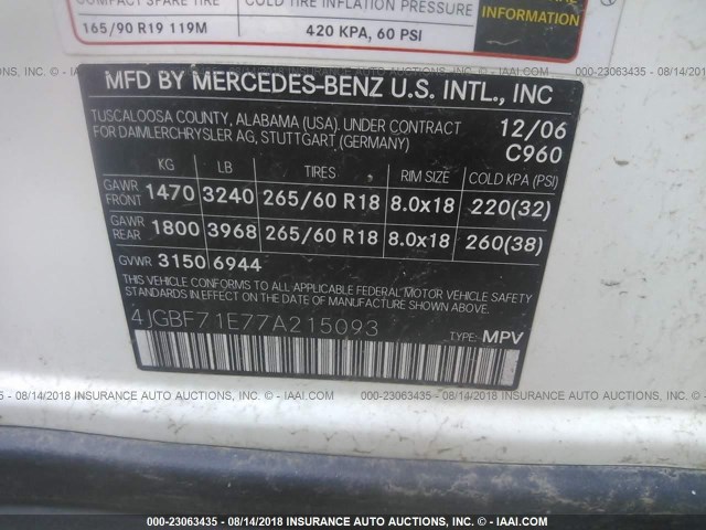 4JGBF71E77A215093 - 2007 MERCEDES-BENZ GL 450 4MATIC WHITE photo 9