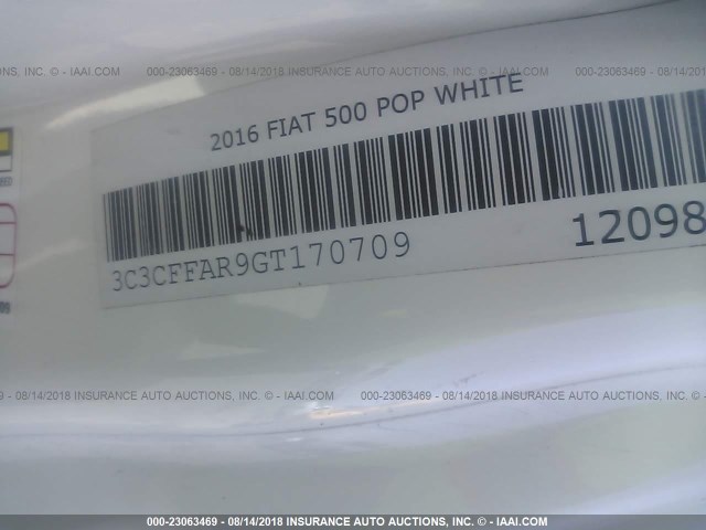 3C3CFFAR9GT170709 - 2016 FIAT 500 POP WHITE photo 9