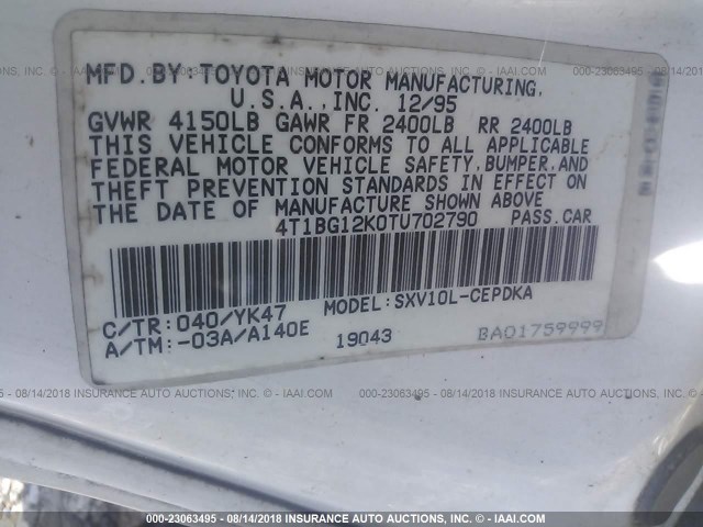 4T1BG12K0TU702790 - 1996 TOYOTA CAMRY DX/LE/XLE WHITE photo 9