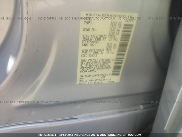 5N3ZA0NFXAN906374 - 2010 INFINITI QX56 SILVER photo 9