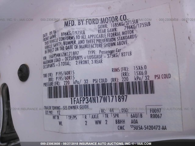 1FAFP34N17W171897 - 2007 FORD FOCUS ZX4/S/SE/SES 白色 照片 9