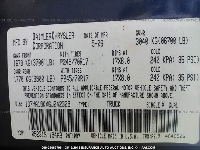 1D7HA18KX6J242329 - 2006 DODGE RAM 1500 ST BLUE photo 9