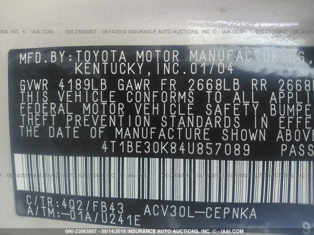 4T1BE30K84U857089 - 2004 TOYOTA CAMRY LE/XLE/SE Қоңыр фото 9
