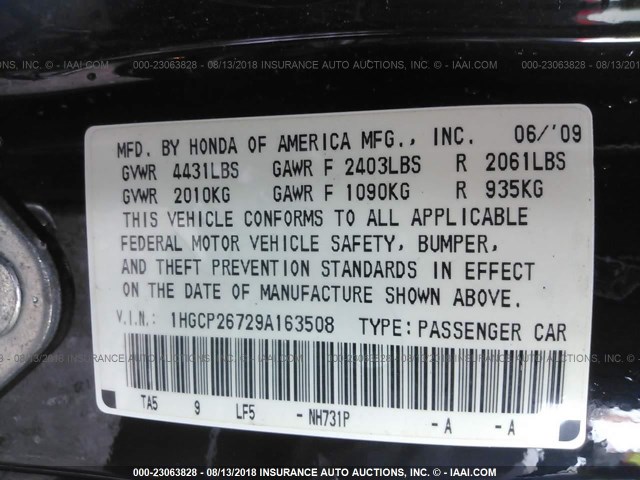 1HGCP26729A163508 - 2009 HONDA ACCORD EX 黑色 照片 9