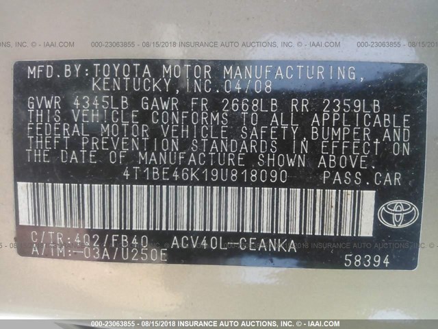 4T1BE46K19U818090 - 2009 TOYOTA CAMRY SE/LE/XLE TAN photo 9