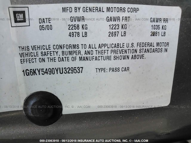 1G6KY5490YU329537 - 2000 CADILLAC SEVILLE STS GOLD photo 9