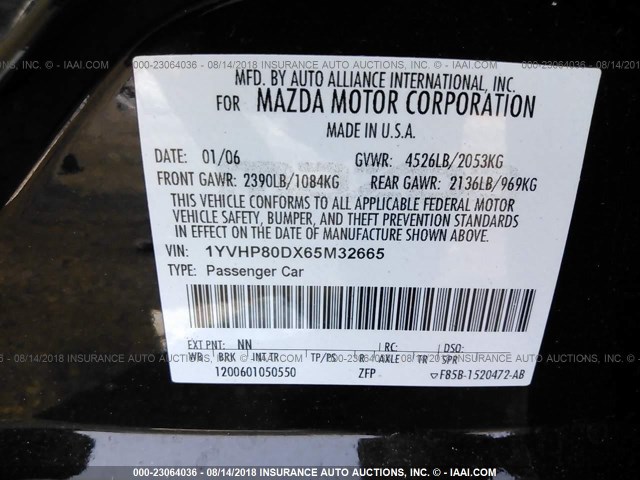 1YVHP80DX65M32665 - 2006 MAZDA 6 S BLACK photo 9