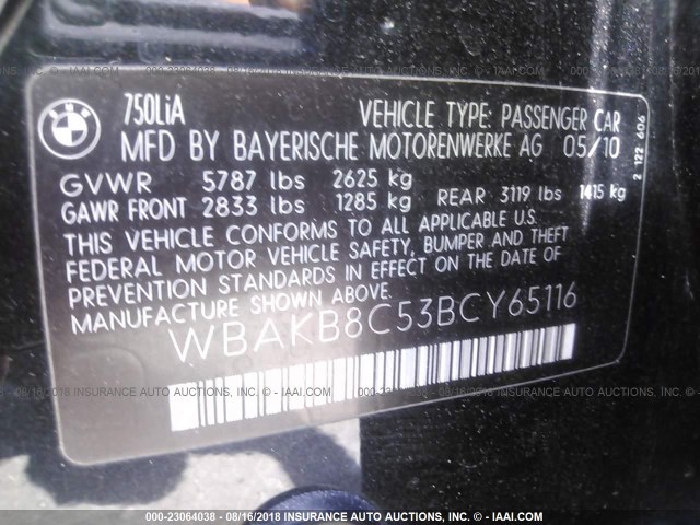 WBAKB8C53BCY65116 - 2011 BMW 750 LI BLACK photo 9