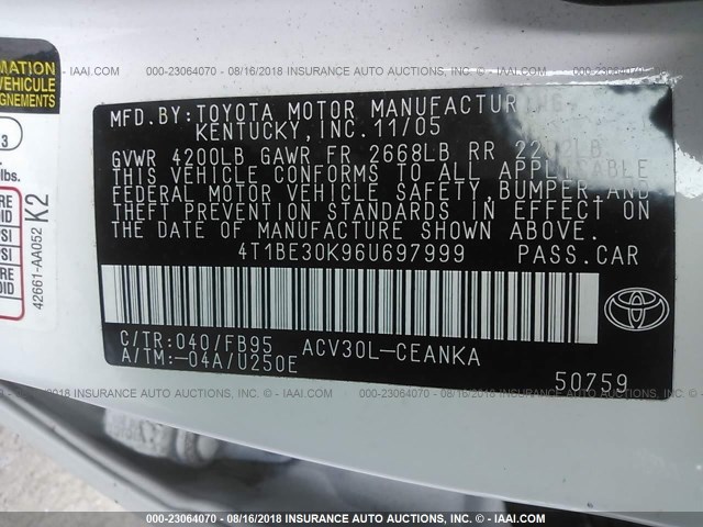 4T1BE30K96U697999 - 2006 TOYOTA CAMRY LE/XLE/SE 白色 照片 9