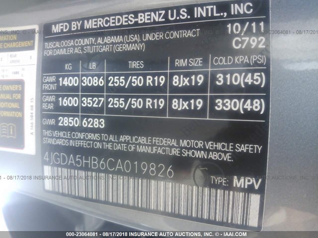 4JGDA5HB6CA019826 - 2012 MERCEDES-BENZ ML 350 4MATIC GRAY photo 9