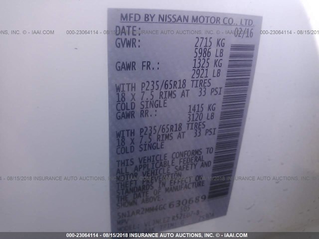 5N1AR2MM4GC630689 - 2016 NISSAN PATHFINDER S/SV/SL/PLATINUM WHITE photo 9