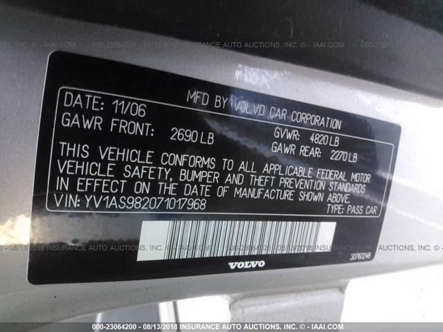 YV1AS982071017968 - 2007 VOLVO S80 3.2 SILVER photo 9