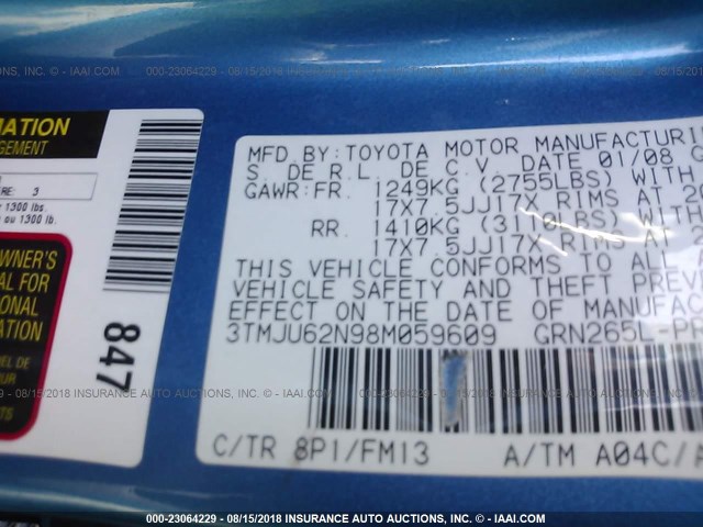 3TMJU62N98M059609 - 2008 TOYOTA TACOMA DOUBLE CAB PRERUNNER BLUE photo 9