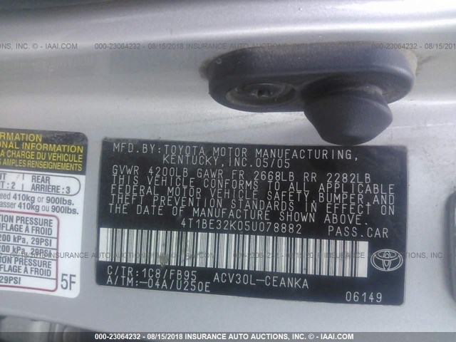 4T1BE32K05U078882 - 2005 TOYOTA CAMRY LE/XLE/SE Күміс фото 9