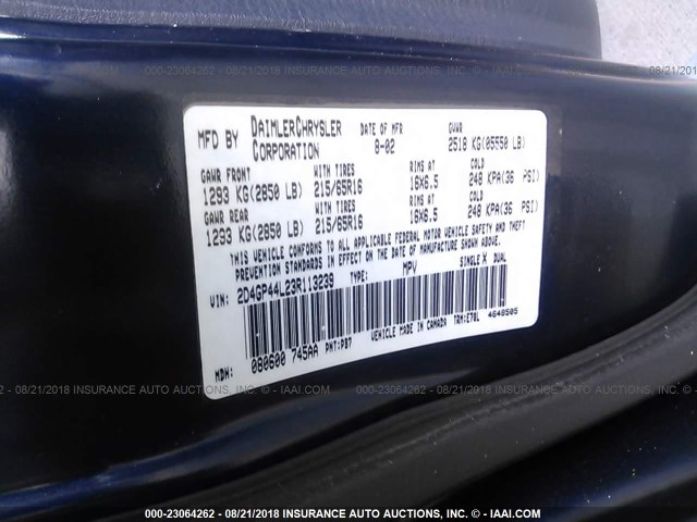 2D4GP44L23R113239 - 2003 DODGE GRAND CARAVAN SPORT BLUE photo 9