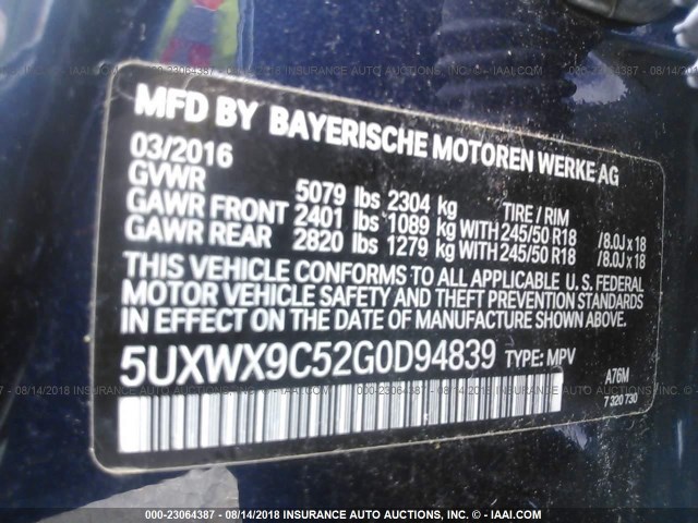 5UXWX9C52G0D94839 - 2016 BMW X3 XDRIVE28I BLUE photo 9