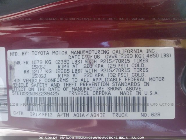 5TETX22N06Z239425 - 2006 TOYOTA TACOMA ACCESS CAB Қызыл фото 9