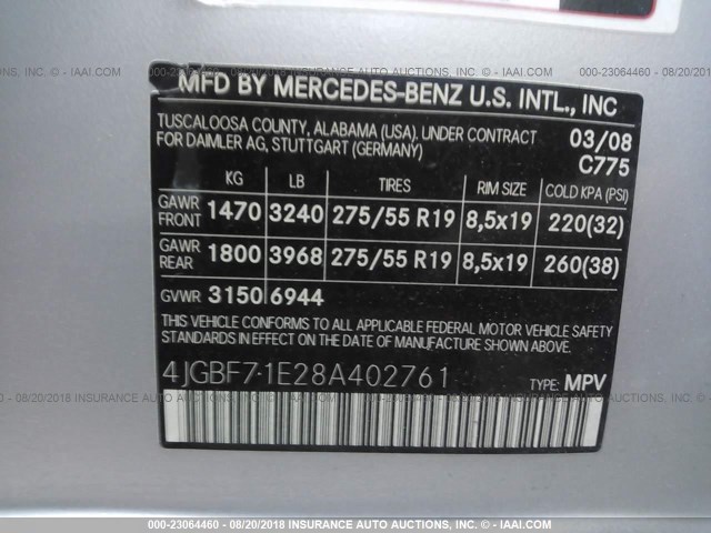 4JGBF71E28A402761 - 2008 MERCEDES-BENZ GL 450 4MATIC SILVER photo 9