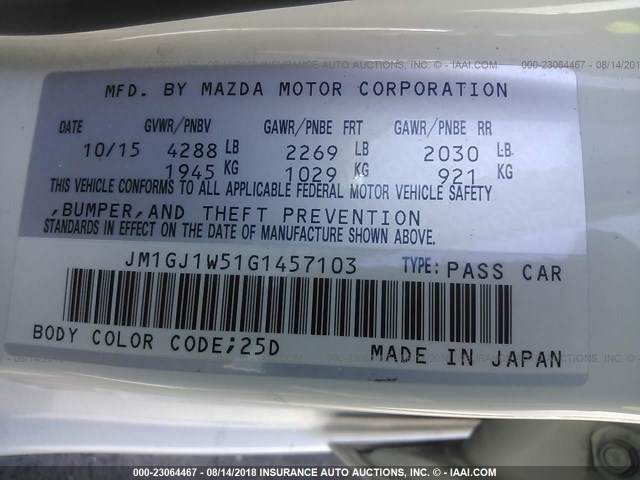 JM1GJ1W51G1457103 - 2016 MAZDA 6 GRAND TOURING WHITE photo 9