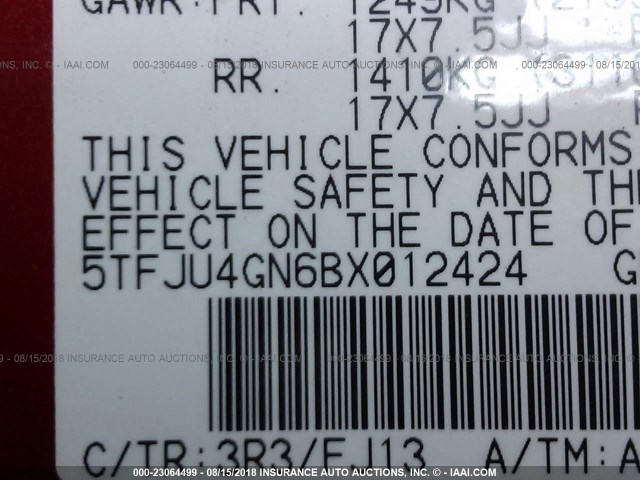 5TFJU4GN6BX012424 - 2011 TOYOTA TACOMA DOUBLE CAB PRERUNNER RED photo 9