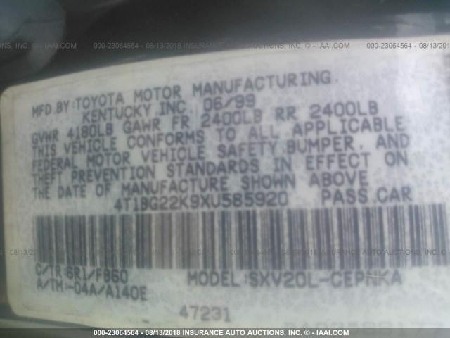 4T1BG22K9XU585920 - 1999 TOYOTA CAMRY CE/LE/XLE 绿色 照片 9