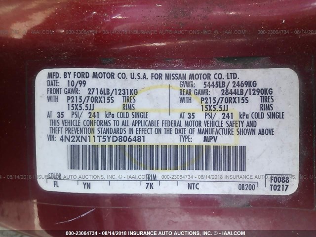4N2XN11T5YD806481 - 2000 NISSAN QUEST SE/GLE/GXE RED photo 9