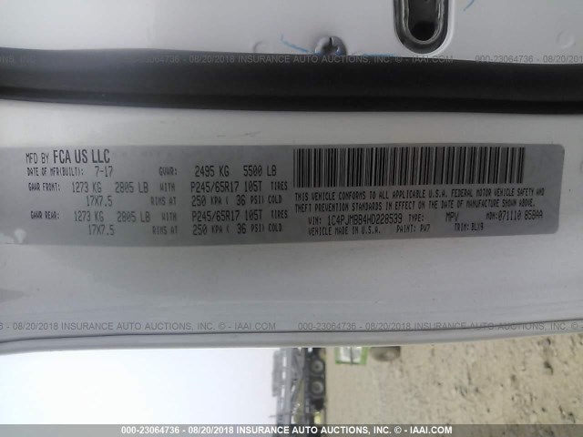 1C4PJMBB4HD228539 - 2017 JEEP CHEROKEE TRAILHAWK 白色 照片 9