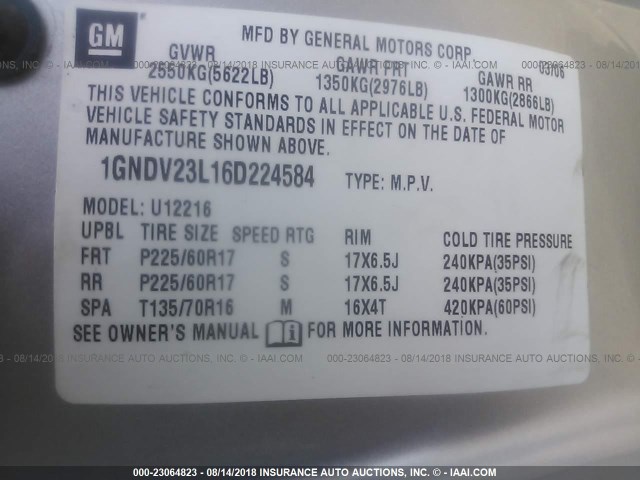 1GNDV23L16D224584 - 2006 CHEVROLET UPLANDER LS SILVER photo 9
