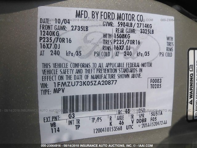 1FMZU73K05ZA20877 - 2005 FORD EXPLORER XLT/XLT SPORT/NBX 金色 照片 9