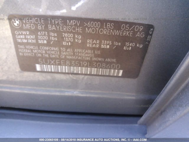 5UXFE83519L308600 - 2009 BMW X5 XDRIVE48I GRAY photo 9