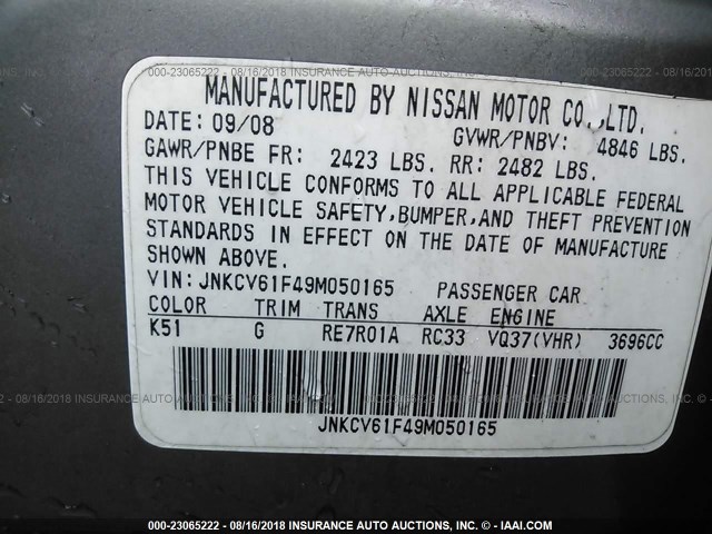 JNKCV61F49M050165 - 2009 INFINITI G37 Pewter photo 9